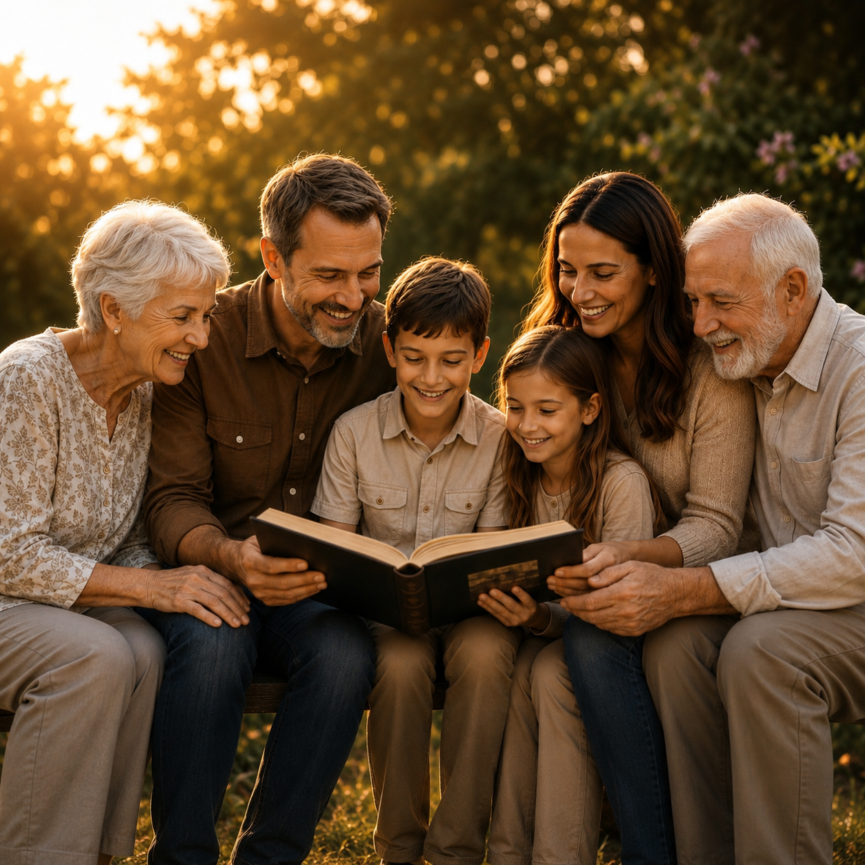Família reunida com avós, três gerações abraçadas