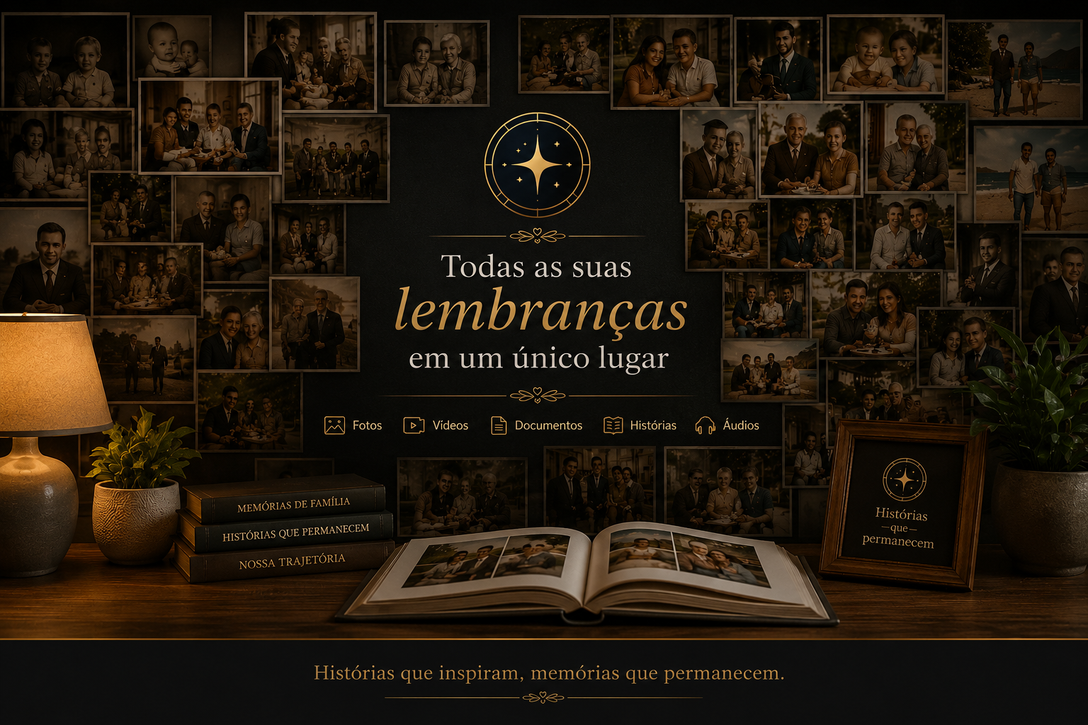 Mosaico de fotografias de família ao longo das gerações