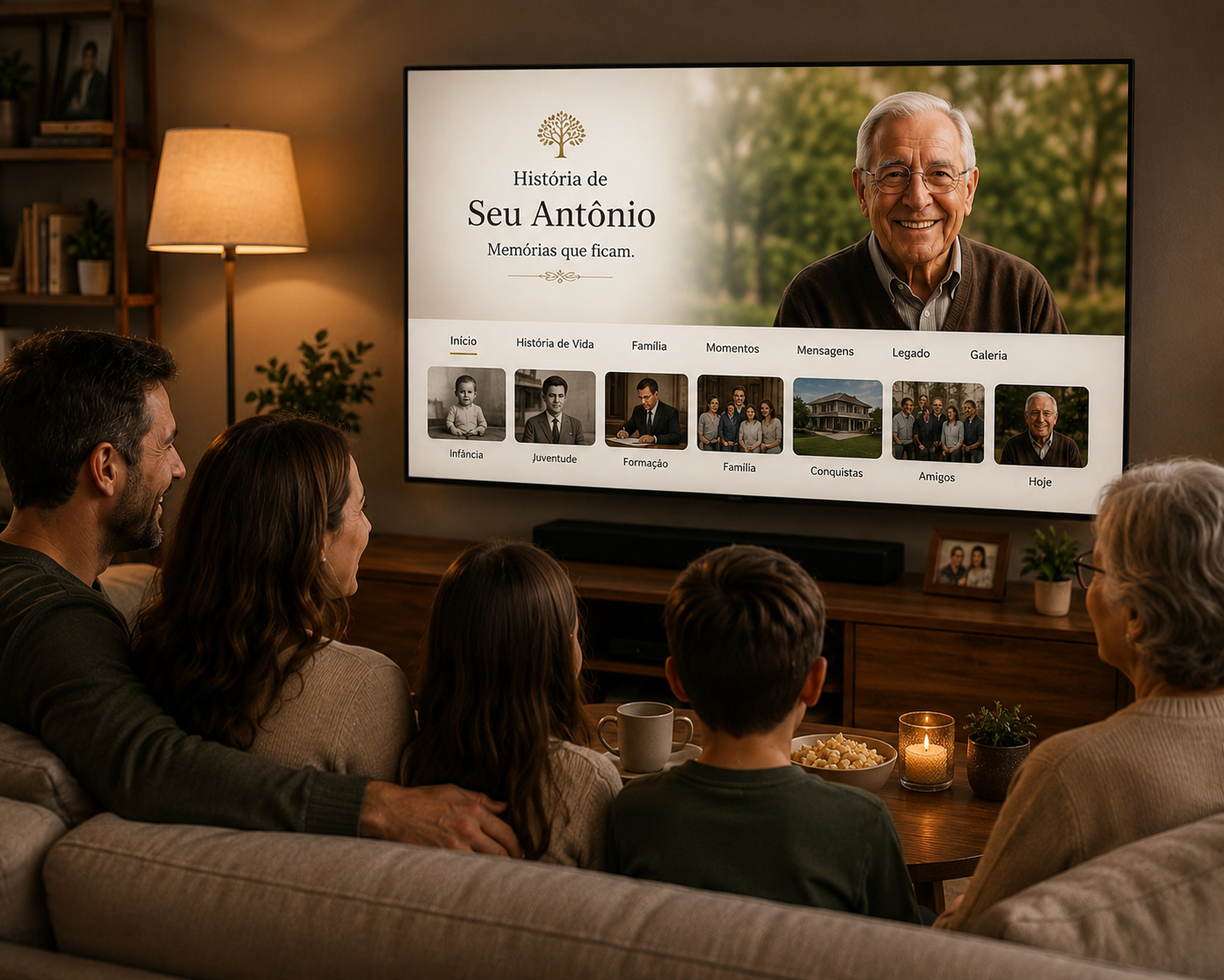 Família reunida assistindo a uma história em Smart TV