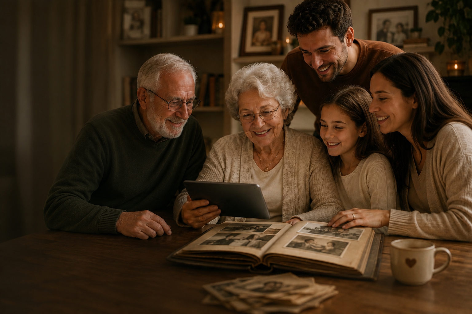 Família reunida em torno de uma história digital
