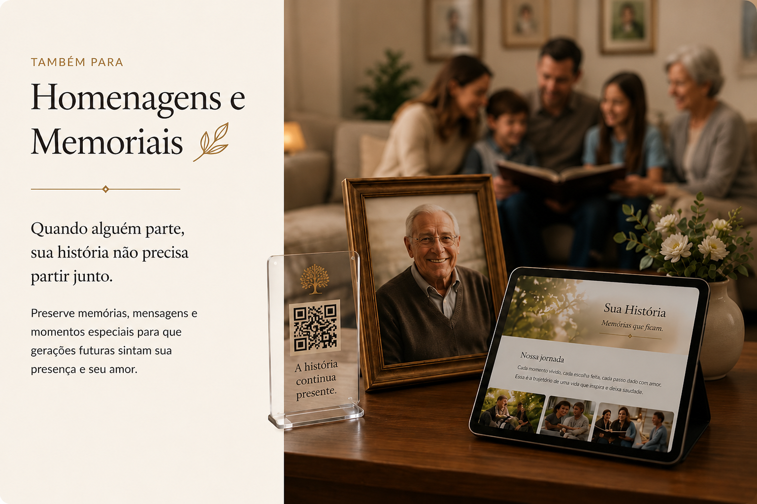Também para homenagens e memoriais, quando alguém parte sua história não precisa partir junto